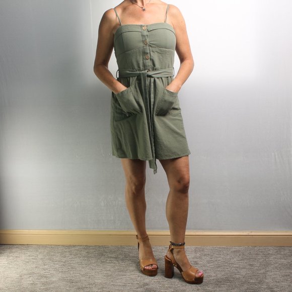 Olive Green Halter Spaghetti Strap Mini Dress with Pockets and Buttons Size S - Picture 3 of 11